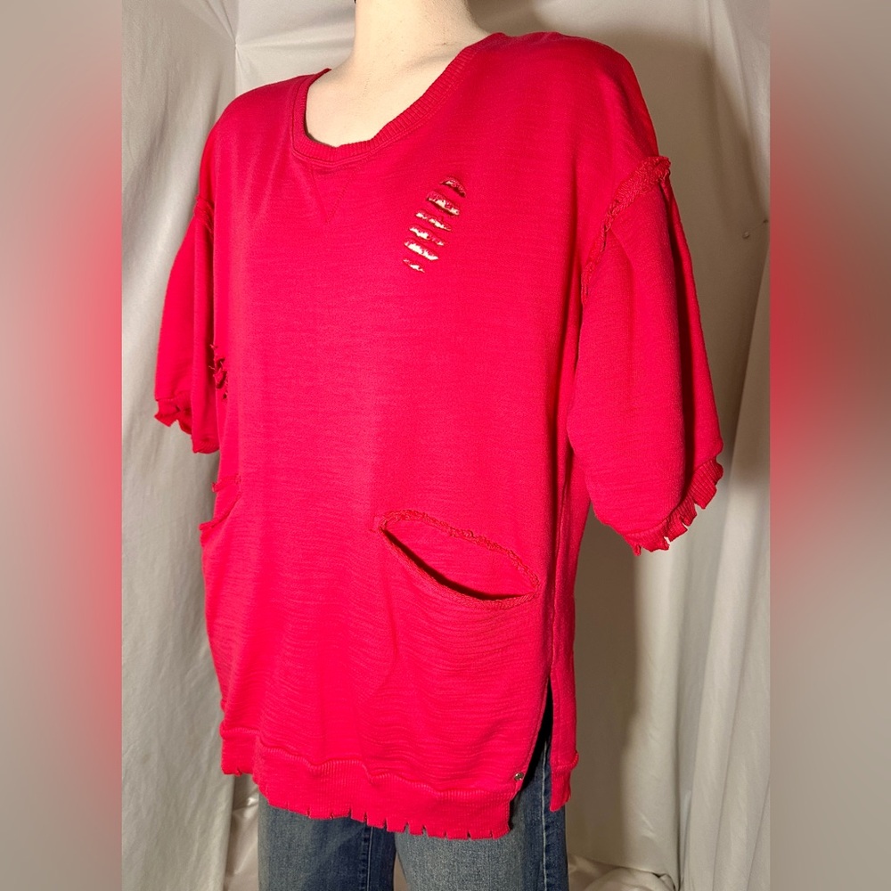 Neon Buddha Fuchsia Distressed Oversized 100% Cotton Tunic Top W/Pockets Sz Sm